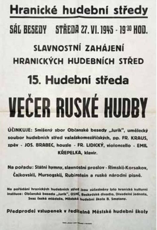 Plakát 15. Hranické hudební středy z 27. 6. 1945