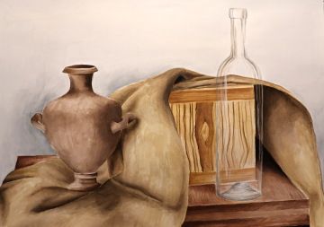 Žákovská malba: zátiší s džbánem, láhví a dřevěnou bednou