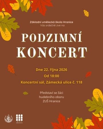 Plakát: Podzimní koncert žáků hudebního oboru, 22. října 2026 od 18:00, koncertní sál, Zámecká ulice 118